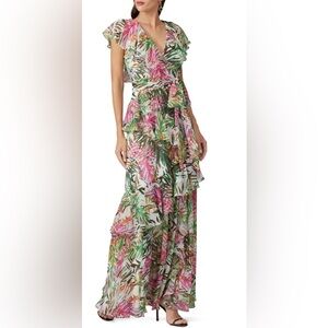 BADGLEY MISHKA 8 EASTER Resort Wedding Coastal Palm Ruffle Pink Green Maxi Dress